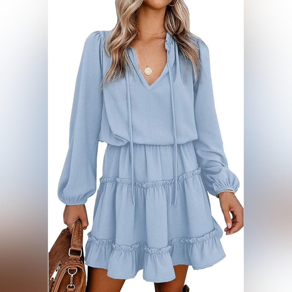 Women Casual Dress Tie VNeck Long Sleeve High Waist Ruffle NWT Large Fall Dress - Picture 4 of 6